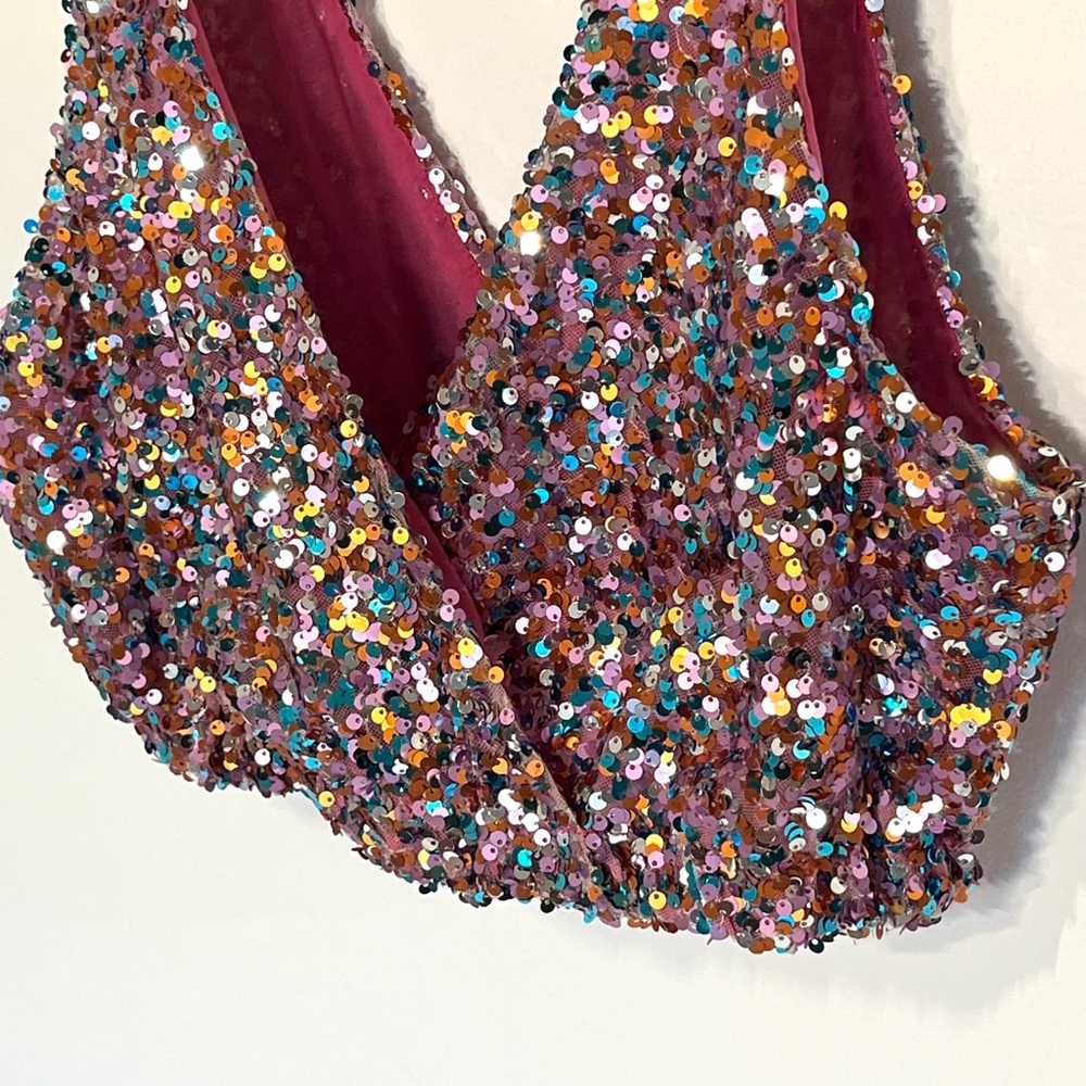 Intimately Free People Big Night Sequin Tie Shoulder Crop Top halter Sz Small - Picture 4 of 7